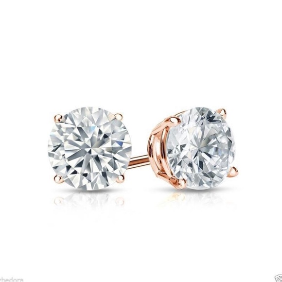 1 CT Round Earrings Studs Solid 14K Rose Gold Brilliant Screw Back Basket. - Picture 3 of 7